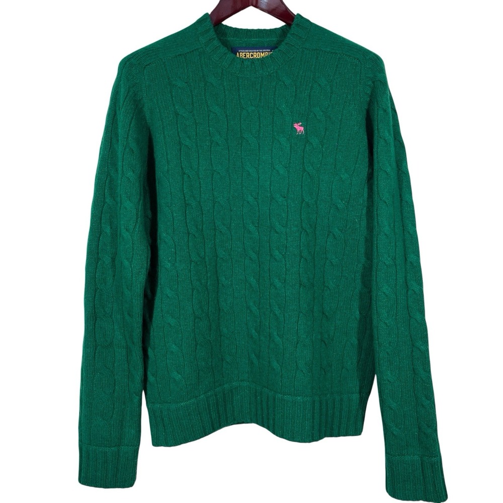NEW Abercrombie & Fitch Wool Cashmere Cable Knit Sweater Mens L Green Icon Moose